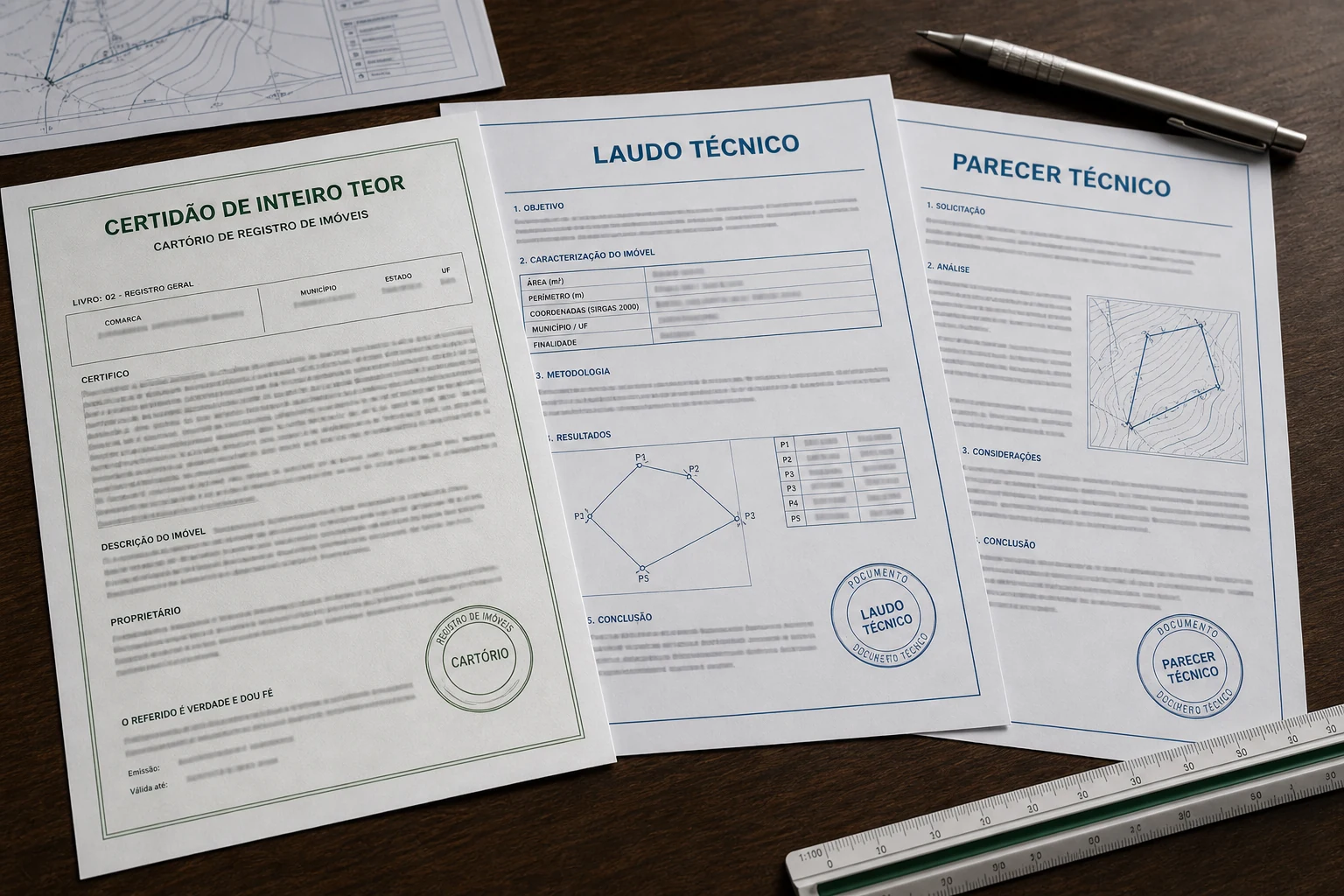 Representação de uma certidão de inteiro teor do Cartório de Registro de Imóveis, um laudo técnico e um parecer técnico